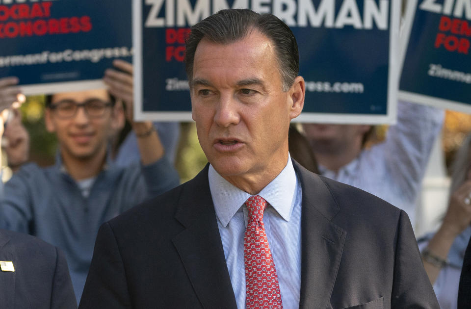 FILE - Rep. Tom Suozzi, D-N.Y., right, speaks during a news conference with a bipartisan group of current or former elected officials who support Robert Zimmerman's campaign, Nov. 7, 2022, in Great Neck, N.Y. Former U.S. Rep. Tom Suozzi will be the Democratic nominee in next year's special election to replace ousted congressman George Santos, New York Democrats announced Thursday, Dec. 7, 2023. (AP Photo/John Minchillo, File)