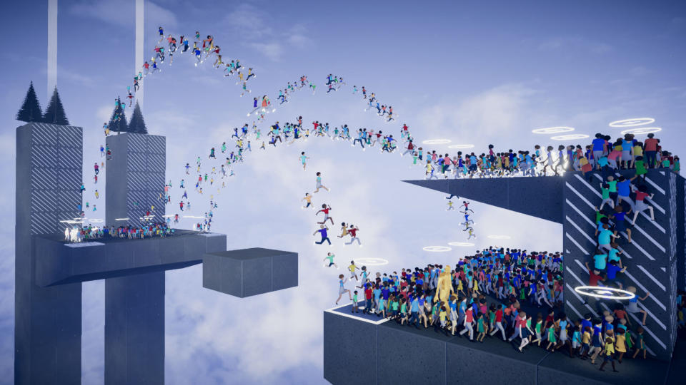 The puzzle adventure game Humanity, with humans climbing and leaping over and across dangerous platforms in front of a pale blue sky.