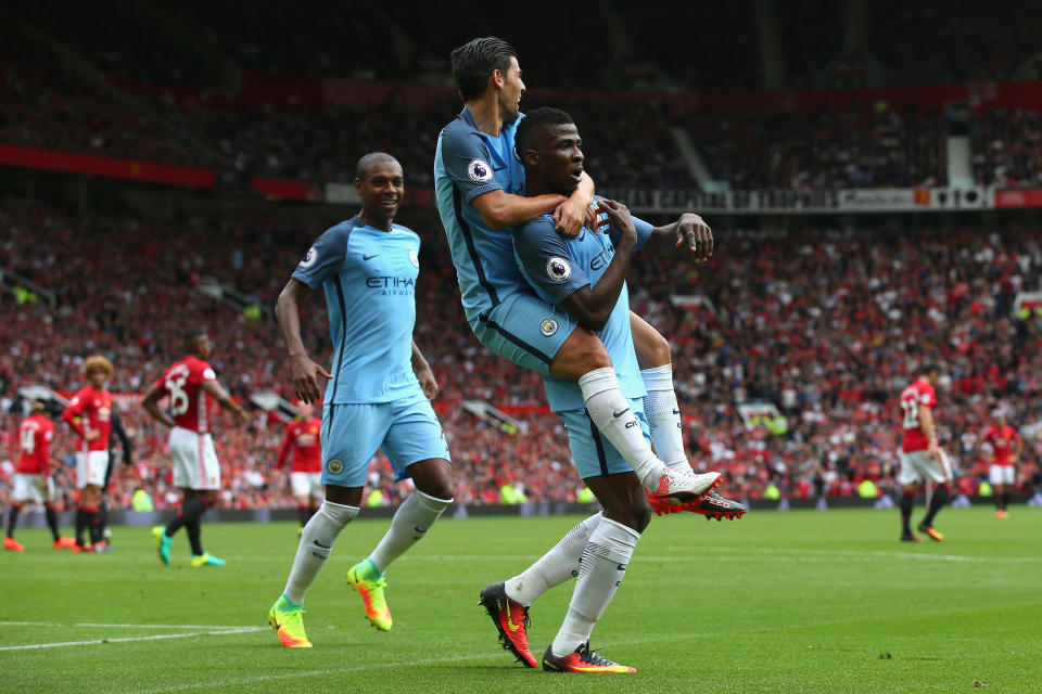 <p>Mourinho’s Reds were once again humbled by ‘noisy neighbours’ Manchester City at Old Trafford – this time losing 2-1 in September 2016 thanks to goals from Kevin De Bruyne and Kelechi Iheanacho. (Getty) </p>