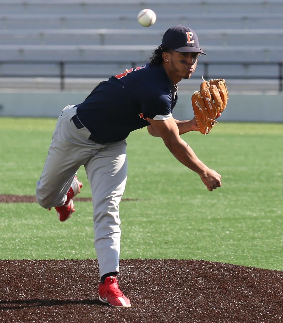 Paterson, NJ — Starting pitcher Delvison Reyes during warmups. The Eastside HS baseball team play its first game in 26 years at renovated Hinchliffe Stadium, hosting Don Bosco Prep on May 17, 2023.