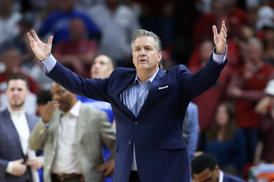 Feb 26, 2022; Fayetteville, Arkansas, USA; Kentucky Wildcats head coach John Calipari reacts to a call in the second half against the Arkansas Razorbacks at Bud Walton Arena. Arkansas won 75-73. Mandatory Credit: Nelson Chenault-USA TODAY Sports