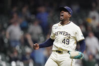 Milwaukee Brewers' Thyago Vieira reacts to the last out of a baseball game against the Tampa Bay Rays Tuesday, April 30, 2024, in Milwaukee. (AP Photo/Aaron Gash)