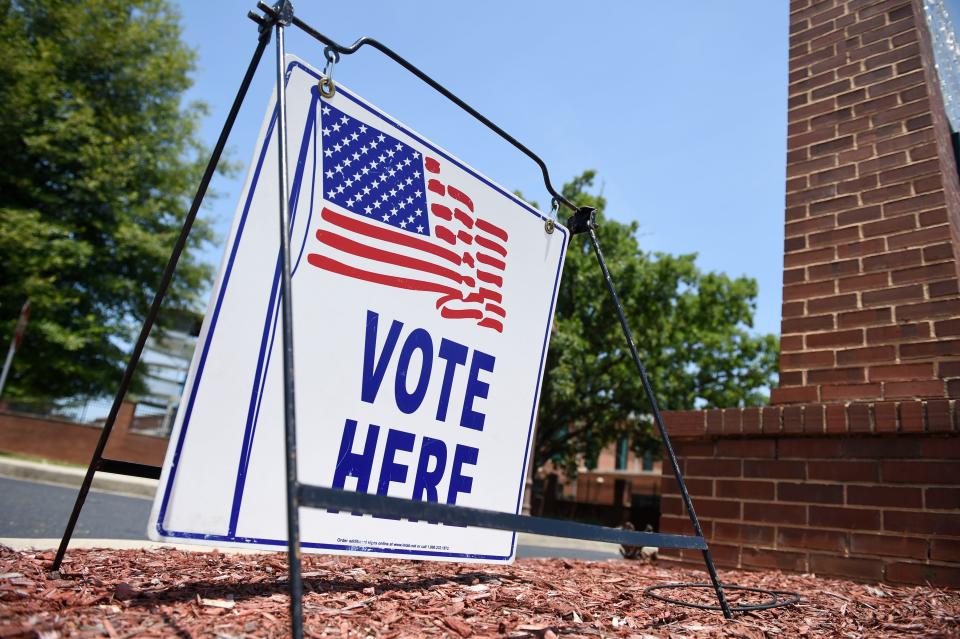 June 21, 2022; Augusta, GA, USA; A “vote here” sign sits outside The Salvation Army Kroc in Augusta, Ga., on Tuesday, June 21, 2022.