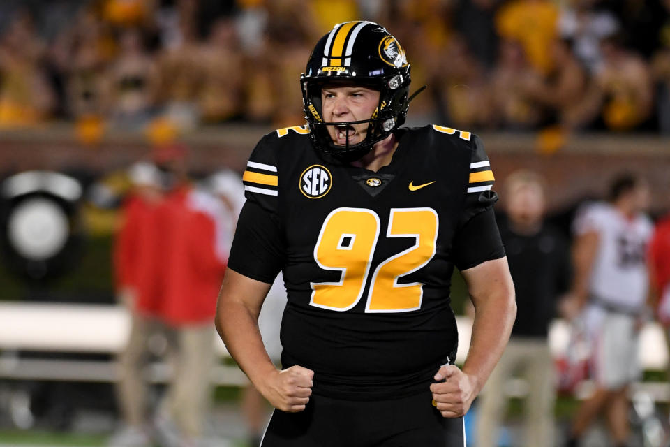 Missouri place kicker Harrison Mevis celebrates after making a 41-yard field goal during the first half of an NCAA college football game against Georgia Saturday, Oct. 1, 2022, in Columbia, Mo. (AP Photo/L.G. Patterson)