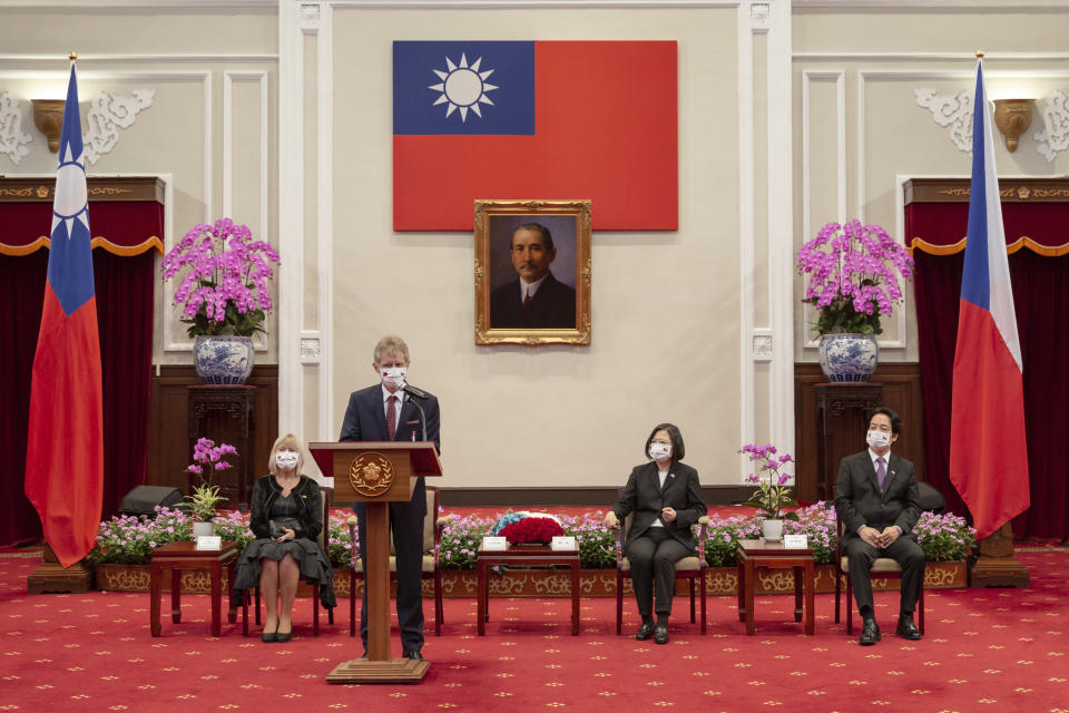 In this photo released by the Taiwan Presidential Office, the Czech Senate President Milos Vystrcil speaks during a meeting with Taiwanese President Tsai Ing-wen, second from right during a meeting in Taipei, Taiwan on Thursday, Sept. 3, 2020. The Czech Senate president met with Taiwanese leader Tsai Ing-wen and other top government officials Thursday during a rare trip by a foreign dignitary to the self-ruled democratic island that rival China called an "open provocation." (Taiwan Presidential Office via AP)