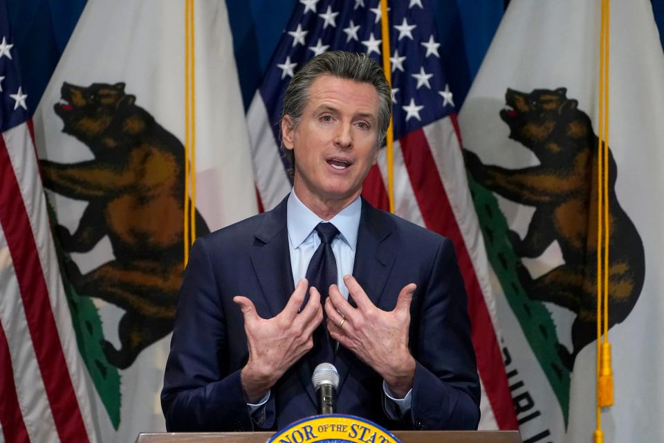 FILE - In this Jan. 8, 2021, file photo, California Gov. Gavin Newsom gestures during a news conference in Sacramento, Calif. Californians will start receiving ballots next month asking if Newsom, a Democrat should be recalled and if so, who they want to vote to replace him.