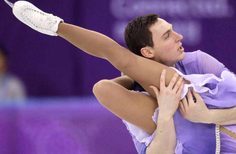 <p>Aljona Savchenko and Bruno Massot of Germany perform in the pairs free skate figure skating final in the Gangneung Ice Arena at the 2018 Winter Olympics in Gangneung, South Korea, Thursday, Feb. 15, 2018. (AP Photo/Bernat Armangue) </p>