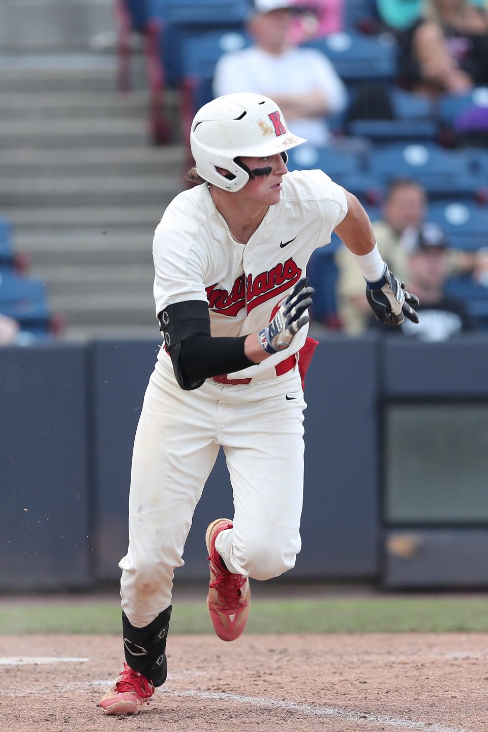 Owen Paino of Ketcham heads for first after making contact in a 2-1 win over Commack in  the NYSPHSAA Class AA baseball final June 10, 2023 at Mirabito Stadium in Binghamton.