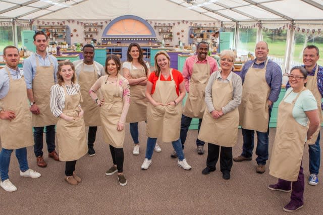 The Great British Bake Off, Back row L to R: Steven, Tom, Liam, Sophie, Peter, James, Chris. Front Row L to R: Julia, Kate, Stacey, Flo, Yan