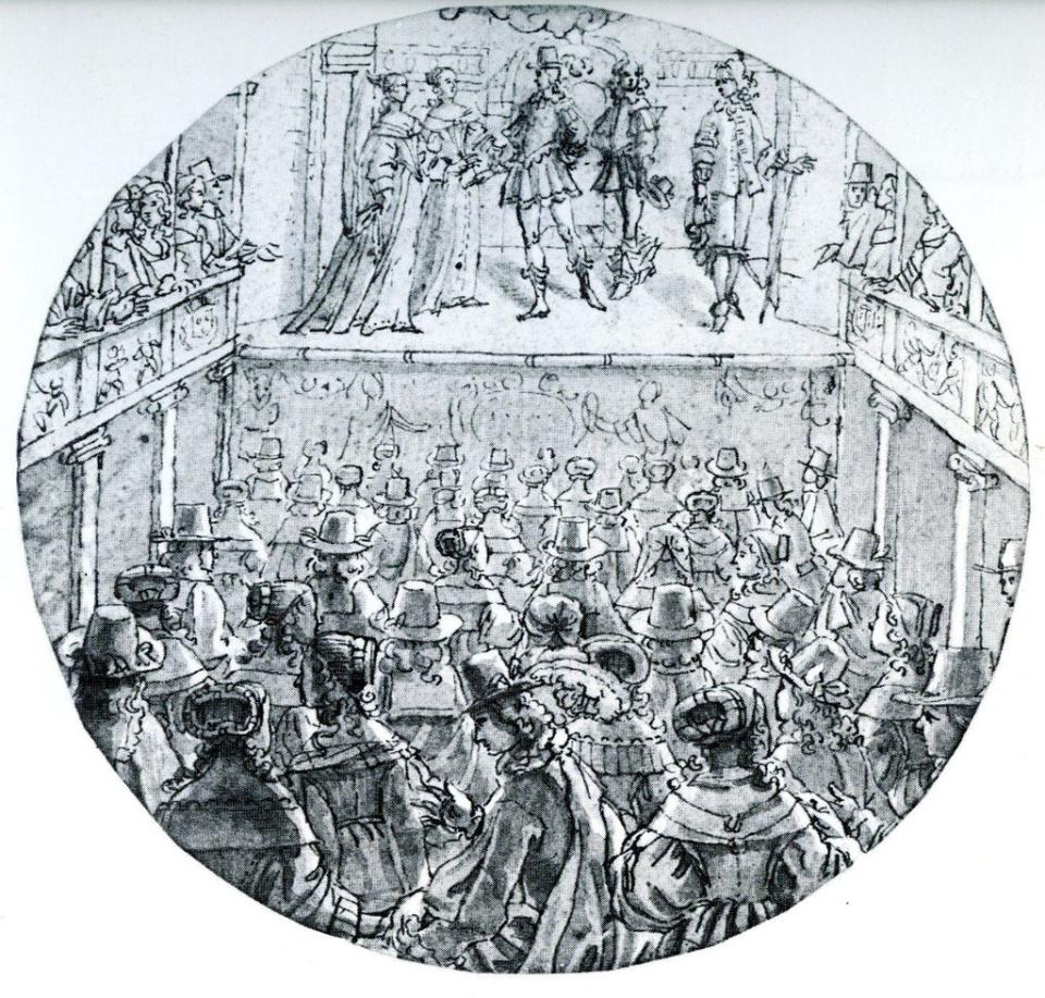 Drawing of a Parisian theatre in the 17th century (Public domain)