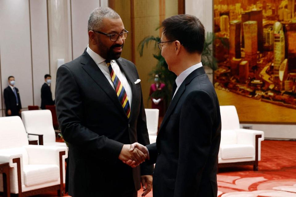 James Cleverly and Chinese vice president Han Zhen (POOL/AFP via Getty Images)
