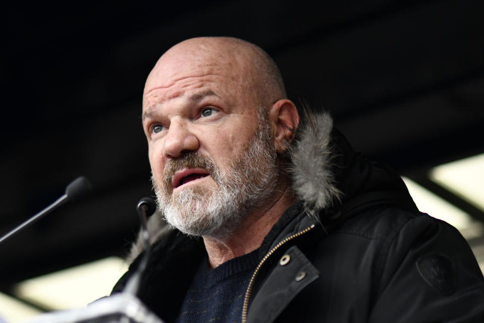 PARIS, FRANCE - DECEMBER 14: French chef Philippe Etchebest makes a speech during a protest against restrictions imposed to stem coronavirus (Covid-19) pandemic at the Invalides Esplanade in Paris, France on December 14, 2020. (Photo by Julien Mattia/Anadolu Agency via Getty Images)