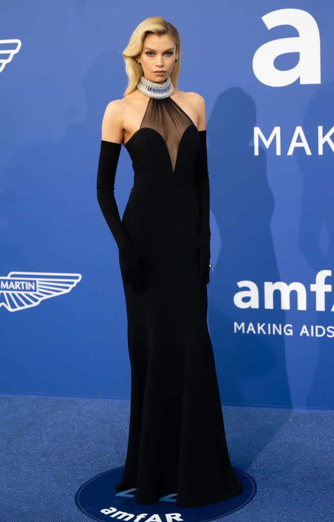 <p>Stella Maxwell opted for old school glamour with long gloves in David Koma. </p>