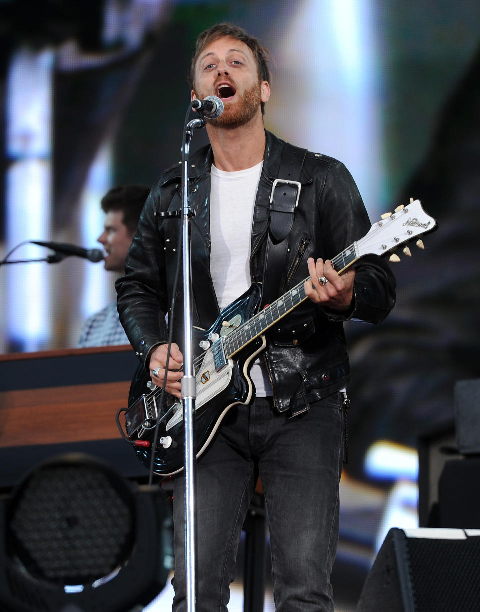 FILE - In this Sept. 29, 2012 file photo, guitarist Dan Auerbach of The Black Keys performs at the Global Citizen Festival in New York's Central Park. The Black Keys are remaining vigilant when it comes to sound-a-like songs. The Nashville duo is suing Pinnacle Entertainment in New York federal court. (Photo by Evan Agostini/Invision/AP, File)