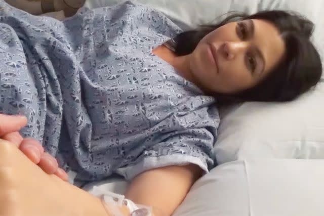 <p>Hulu/Youtube</p> Kourtney Kardashian in the hospital for emergency fetal surgery in the trailer for season 5 of 'The Kardashians'