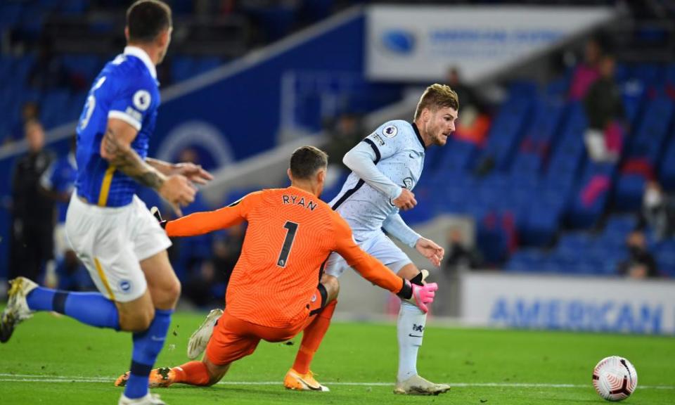 Timo Werner is brought down in the penalty area by Brighton keeper Mat Ryan.