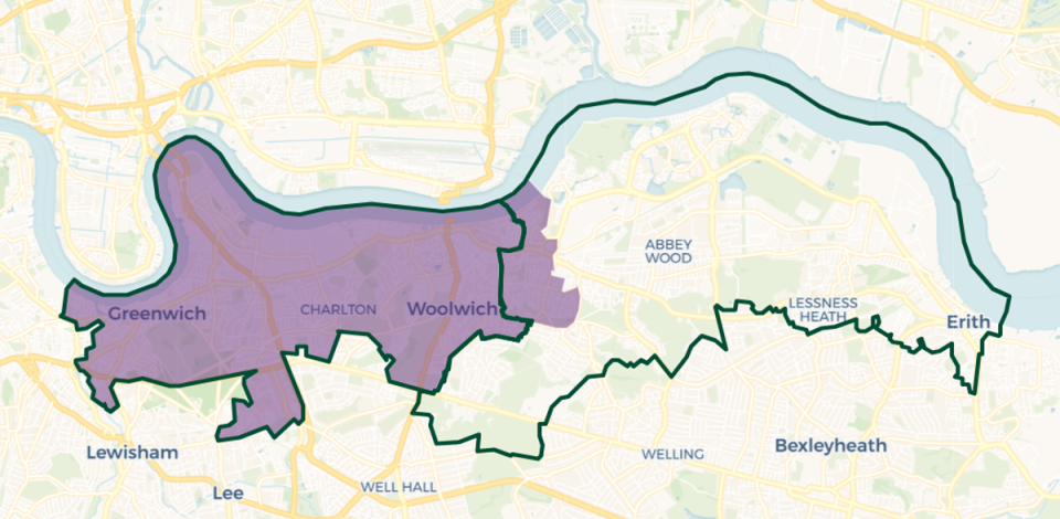 Greenwich and Woolwich constituency map. Purple shaded area: Current constituency boundary. Green outlines new constituency boundaries (© OpenStreetMap contributors | © CARTO)