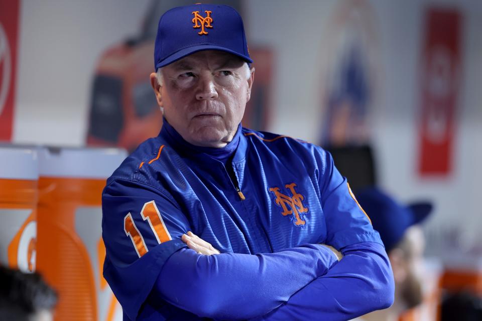 Sep 28, 2023; New York City, New York, USA; New York Mets manager Buck Showalter (11) looks on from the dugout before a game against the Miami Marlins at Citi Field.