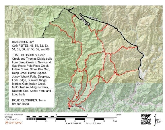 Great Smoky Mountains National Park officials have closed trails and backcountry campsites near Bryson City due to wildfires burning in the area.