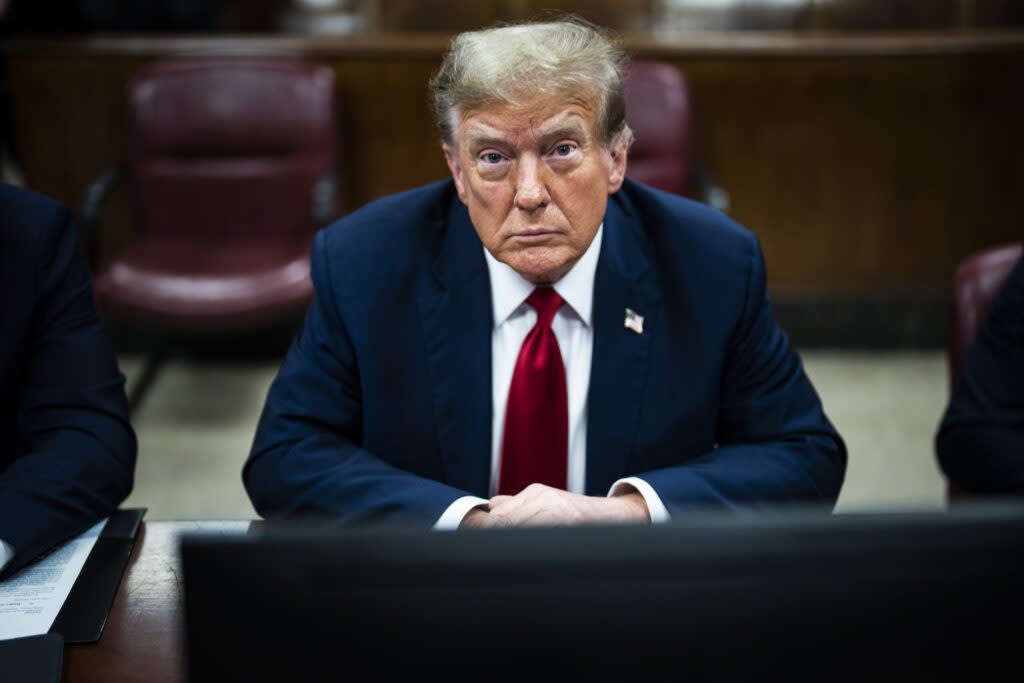 Former U.S. President Donald Trump appears ahead of the start of jury selection at Manhattan Criminal Court on April 15, 2024 in New York City.