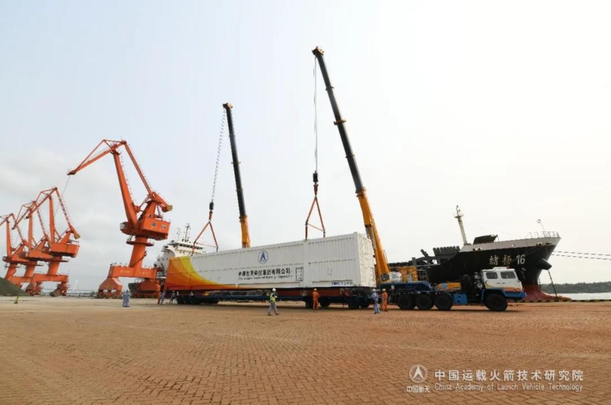  Components of the Long March 7 rocket that will launch China's Tianzhou 6 cargo mission to the Tiangong space station arrived at the Wenchang Satellite Launch Center on Hainan island on April 13, 2023.  