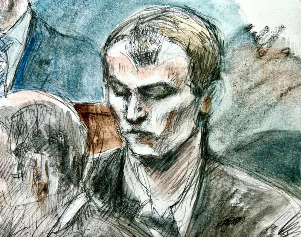 A court sketch of Nathaniel Veltman listening to testimony at his murder and terrorism trial on Sept. 28, 2023. 