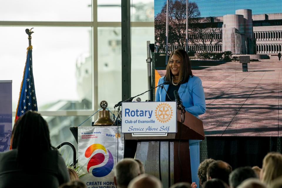 Evansville Mayor Stephanie Terry gives the State of the City address on her 100th day in office to the Rotary Club of Evansville at Bally’s Tuesday, April 9, 2024.