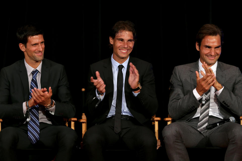 NEW YORK, NY - AUGUST 23:  Novak Djokovic of Serbia; Rafael Nadal of Spain and Roger Federer of Switzerland on stage during the ATP Heritage Celebration at The Waldorf=Astoria on August 23, 2013 in New York City.  (Photo by Matthew Stockman/Getty Images)