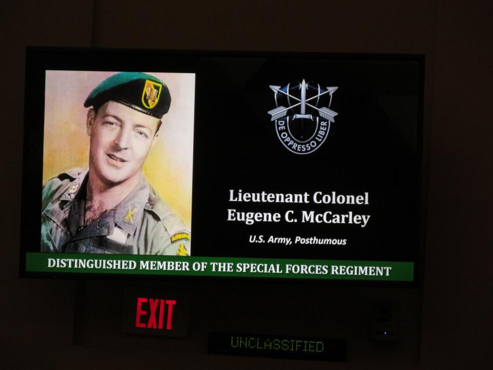 Lt. Col. Eugene McCarley is recognized as a distinguished member of the special forces regiment during a Nov. 4, 2021, ceremony at Fort Bragg.
