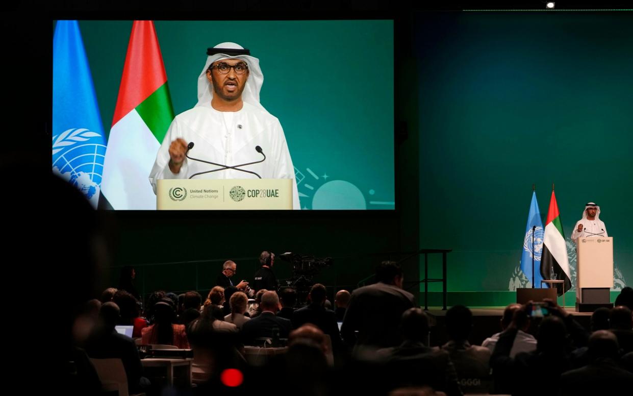 Sultan al-Jaber, the president of Cop28, speaks during the opening session of the summit