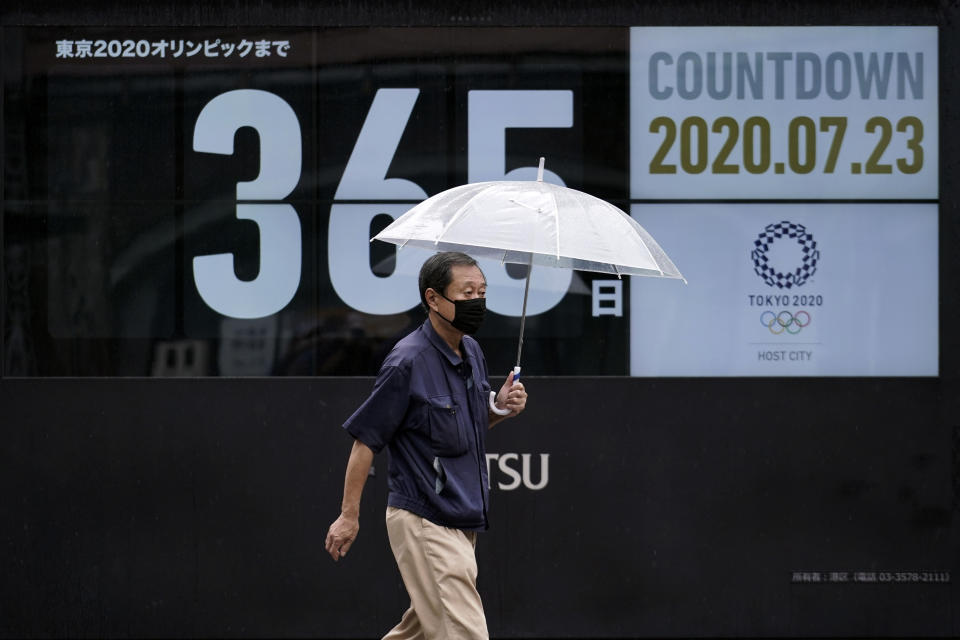 A man wearing a mask against the spread of the new coronavirus walks in front of a countdown calendar showing 356 day to start Tokyo 2020 Olympics Thursday, July 23, 2020, in Tokyo. The postponed Tokyo Olympics have again reached the one-year-to-go mark. But the celebration is small this time with more questions than answers about how the Olympics can happen in the middle of a pandemic. That was before COVID-19 postponed the Olympics and pushed back the opening to July 23, 2021. (AP Photo/Eugene Hoshiko)