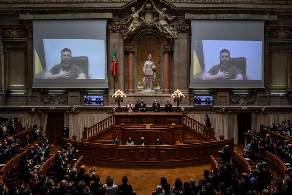 Zelensky addressing the Portuguese parliament via videoconference on April 21<span class="copyright">Patricia De Melo Moreira—AFP/Getty Images</span>