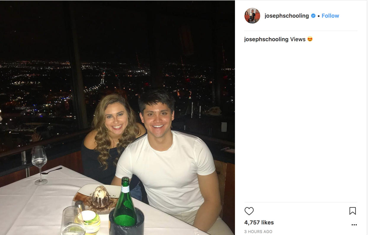 Singapore swimmer Joseph Schooling goes on a date with cheerleader. (Photo: @josephschooling/Instagram)