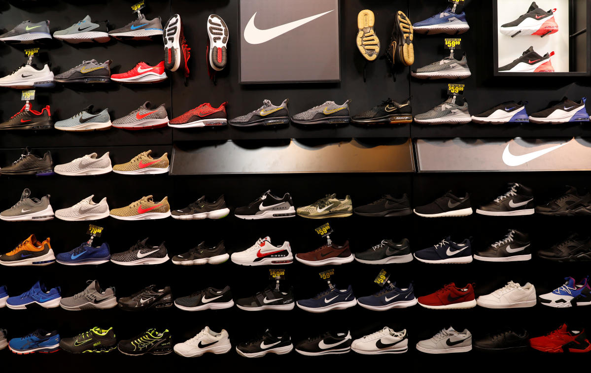 A colorful display of NIKE footwear at the Footlocker store in the