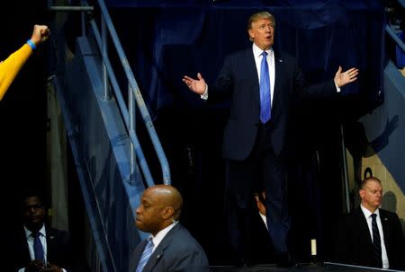 Republican U.S. presidential nominee Donald Trump arrives for a campaign rally in Johnstown, Pennsylvania, U.S. October 21, 2016. REUTERS/Jonathan Ernst