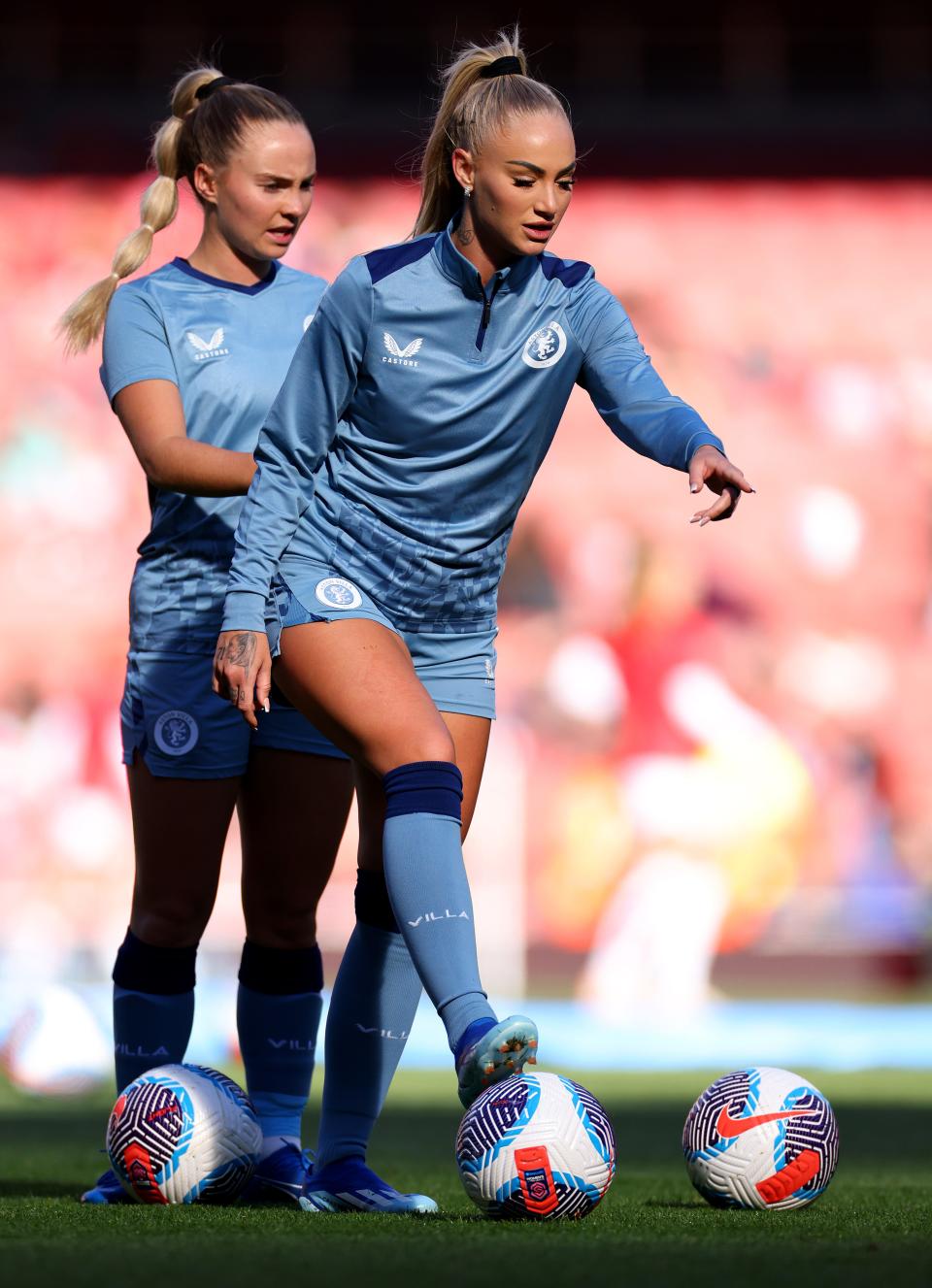 LONDON, ENGLAND - OCTOBER 15: Alisha Lehmann of Aston Villa warms up prior to the Barclays Women's Super League match between Arsenal FC and Aston Villa at Emirates Stadium on October 15, 2023 in London, England. (Photo by Marc Atkins/Getty Images)