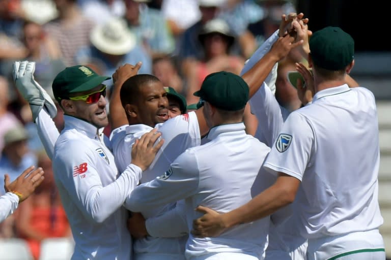 South Africa all-rounder Vernon Philander (2L) celebrates bowling out England's Keaton Jennings for 3 on the fourth day of the second Test at Trent Bridge in Nottingham, central England on July 17, 2017