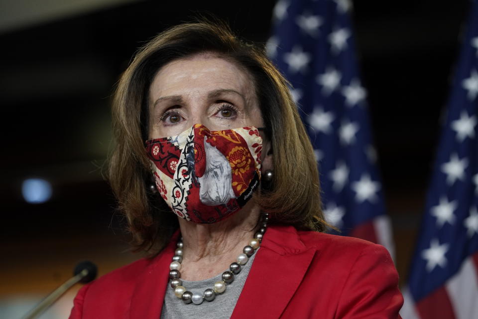 House Speaker Nancy Pelosi of Calif., speaks to the media, Wednesday Dec. 30, 2020, on Capitol Hill in Washington. (AP Photo/Jacquelyn Martin)