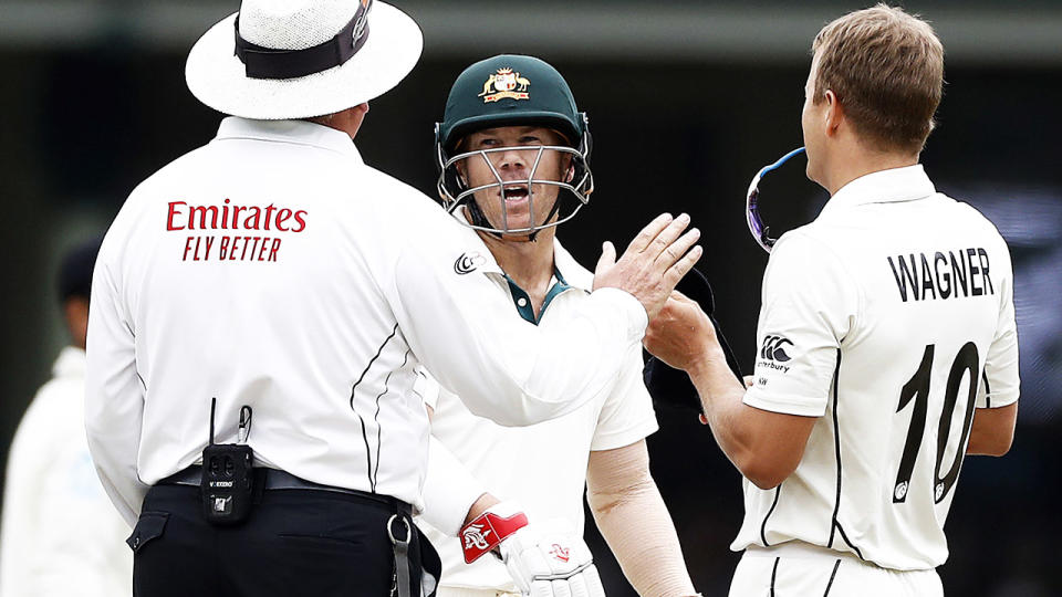 David Warner, pictured here questioning umpire Marais Erasmus about Neil Wagner's delivery.