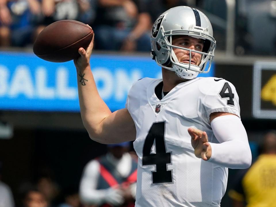 Derek Carr looks to throw against the Los Angeles Chargers.