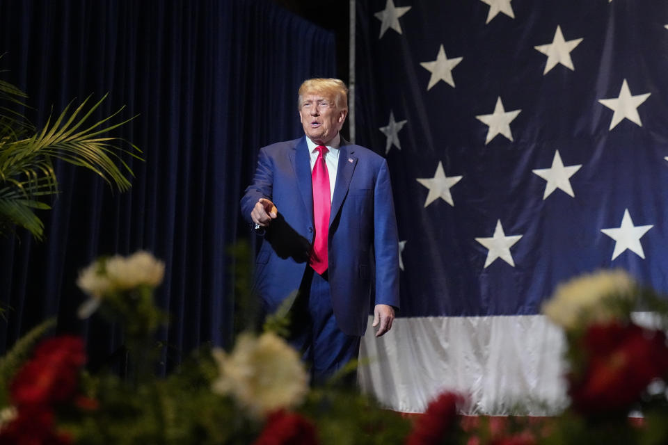 Former President Donald Trump speaks at the Georgia Republican convention, Saturday, June 10, 2023, in Columbus, Ga. (AP Photo/John Bazemore)