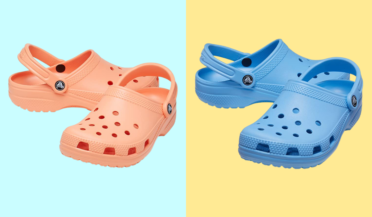 peach crocs and light blue crocs