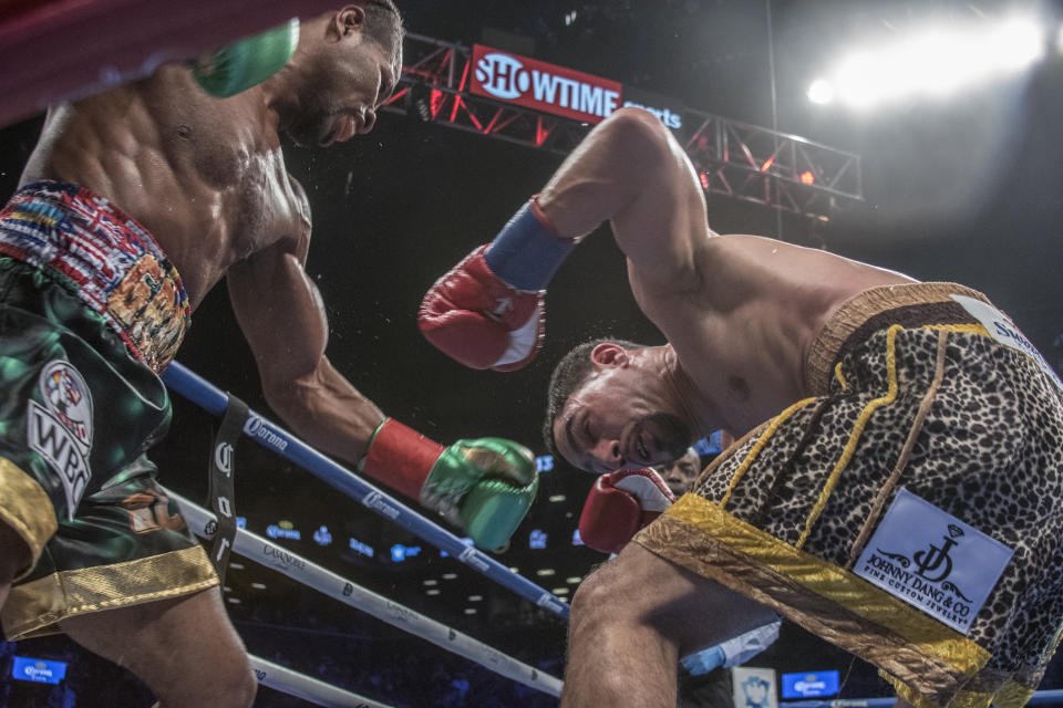 NEW YORK, NY - SEPTEMBER 08: Shawn Porter  (  green trunks )  defeats Danny Garcia  (  yellow pattern trunks ) by Unanimous Decision in their WBC Welterweight Title fight at Barclays Center on September 8, 2018 in New York City. (Photo by Bill Tompkins/Getty Images)