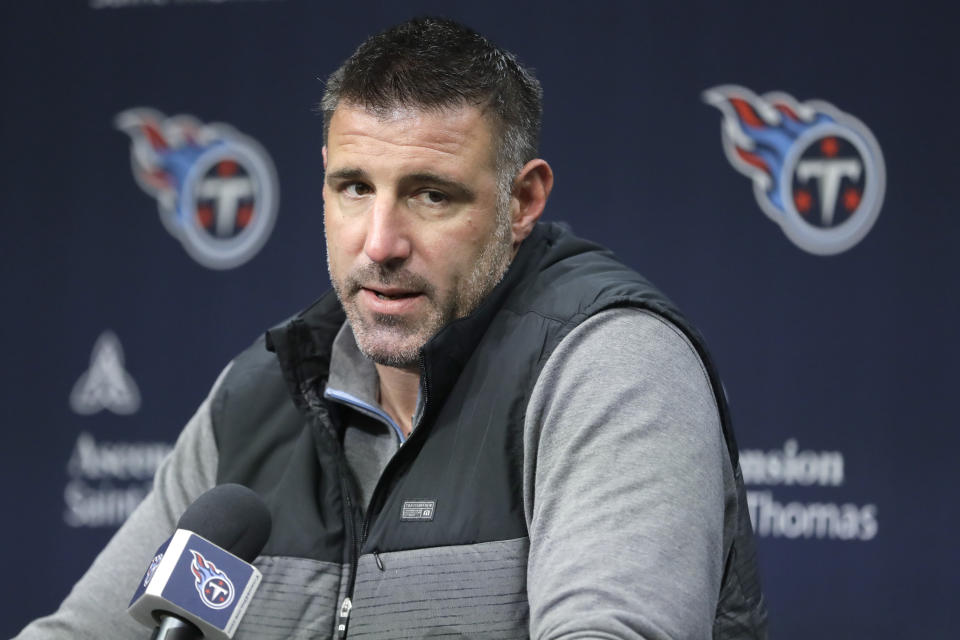 Tennessee Titans head coach Mike Vrabel answers a question Monday, Jan. 20, 2020, in Nashville, Tenn. The Titans lost the AFC Championship NFL football game Sunday to the Kansas City Chiefs 35-24. (AP Photo/Mark Humphrey)