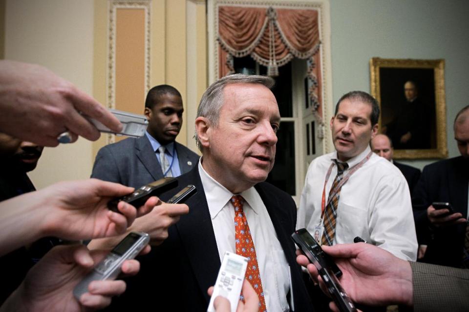 FILE - In this Dec. 16, 2011 file photo, Senate Majority Whip Richard Durbin of Ill. speaks with reporters on Capitol Hill in Washington. Florida Sen. Marco Rubio's push for a Republican version of immigration legislation could be the answer to GOP election-year prayers. The telegenic son of Cuban exiles and potential vice presidential pick is putting together a bill that would allow young illegal immigrants to study and work in the United States but still deny them citizenship. (AP Photo/J. Scott Applewhite, File)