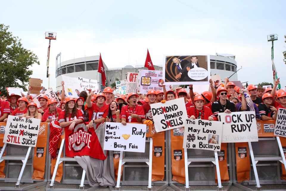 College football fans gathered as early as 5 a.m. Saturday, Sept. 3, 2022, to stand at the filming of the College GameDay broadcast in Columbus. College GameDay kicks off the season at Ohio State University for its matchup against against Notre Dame.