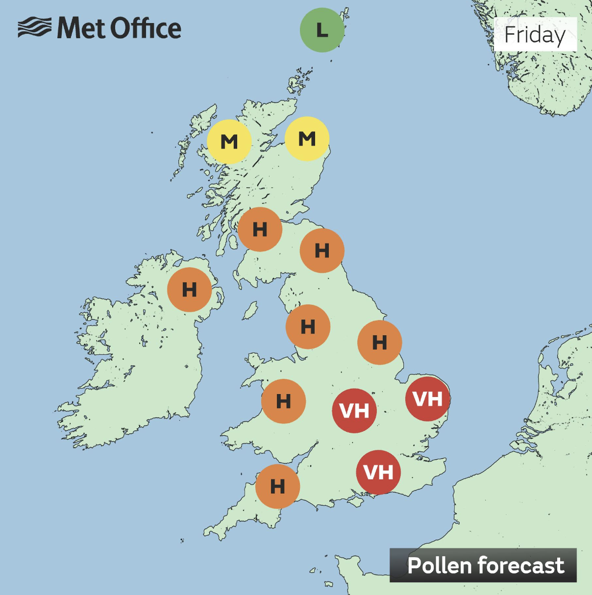 Hay fever will be very high in south-east England. (Met Office) 