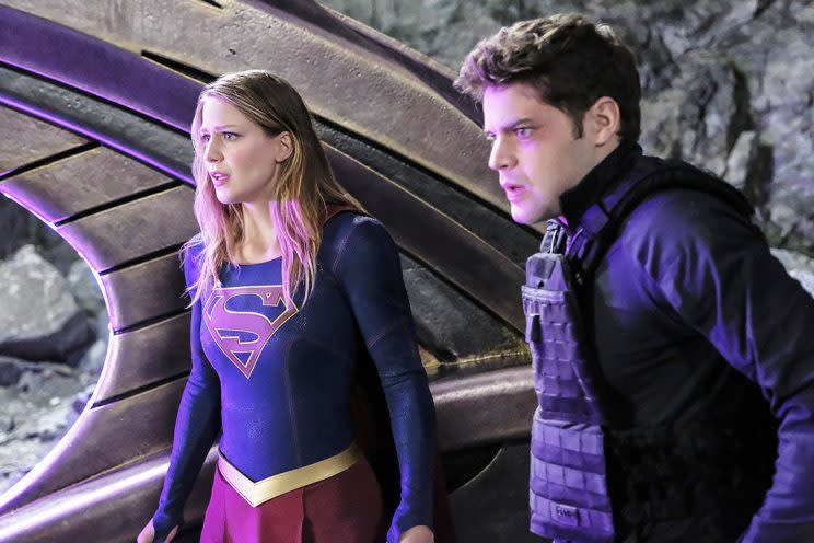 Melissa Benoist as Kara/Supergirl and Jeremy Jordan as Winn Schott (Credit: Robert Falconer/The CW)