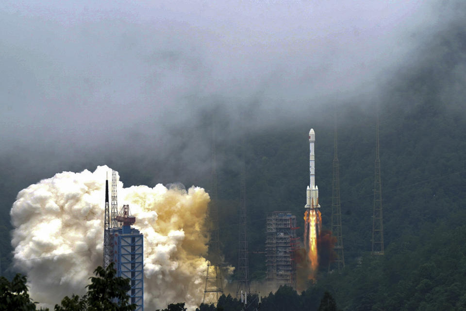 In this photo released by Xinhua News Agency, a rocket carrying the last satellite of the Beidou Navigation Satellite System blasts off from the Xichang Satellite Launch Center in southwest China's Sichuan Province, Tuesday, June 23, 2020. China launched the final satellite in its Beidou constellation that emulates the U.S. Global Positioning System, marking a further step in the country's advance as a major space power. (Xue Chen/Xinhua via AP)