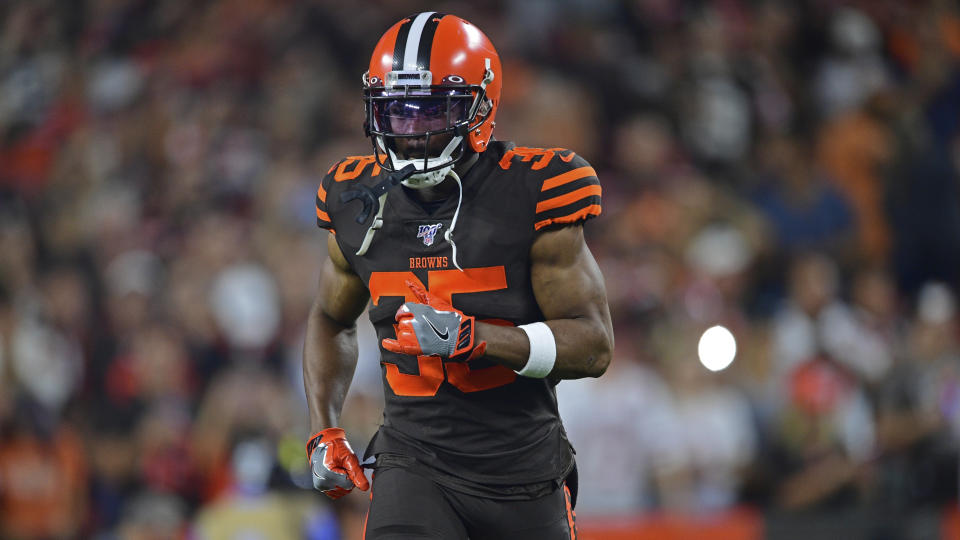 Cleveland Browns defensive back Jermaine Whitehead is introduced before an NFL football game against the Los Angeles Rams, Sunday, Sept. 22, 2019, in Cleveland. The Rams won 20-13. (AP Photo/David Dermer)